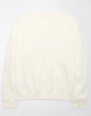 Aerie Crew Neck Graphic Fleece Sweatshirts White | 1035IKAVW