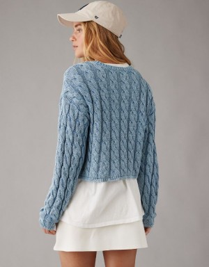 Aerie Cropped Cable-Knit Sweater Blue | 7842RPDLE