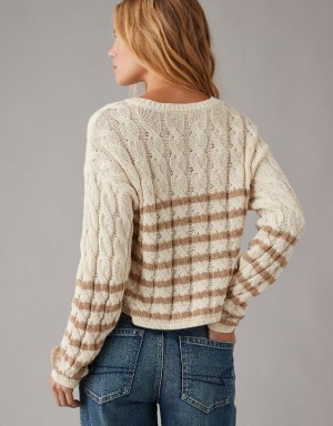 Aerie Cropped Cable-Knit Sweater Khaki | 3504MLZFA