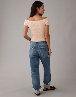 Aerie Cropped Ribbed Off-The-Shoulder Top Cardigan Light Pink | 5702QTDGN