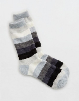 Aerie Fuzzy Striped Crew Socks White / Black / Grey | 5784YBZTV