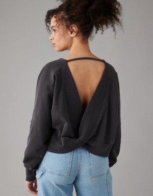 Aerie Long-Sleeve Cropped Twist-Back Sweatshirts Black | 3520RHUSC