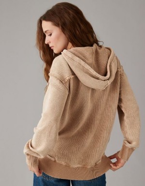 Aerie Oversized Washed Zip-Up Hoodie Brown | 0694EGURN