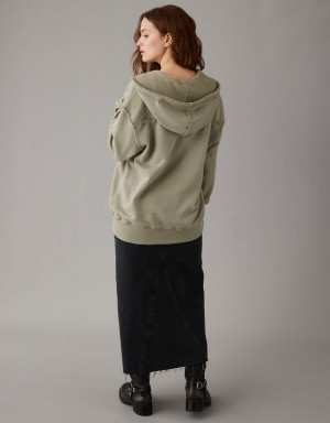 Aerie Oversized Washed Zip-Up Hoodie Olive | 2415CRHZT