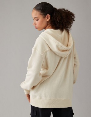 Aerie Oversized Washed Zip-Up Hoodie White | 1382LRABJ