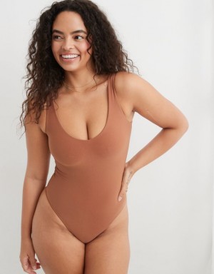 Aerie SMOOTHEZ Plunge Bodysuit Brown | 8517VHZKX