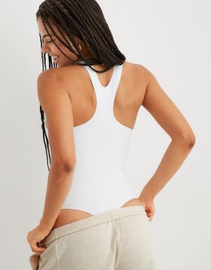 Aerie SMOOTHEZ Racerback Bodysuit White | 9568IZSHG