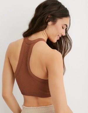 Aerie Superchill Seamless High Neck Top Bras Brown | 0276TLJNY