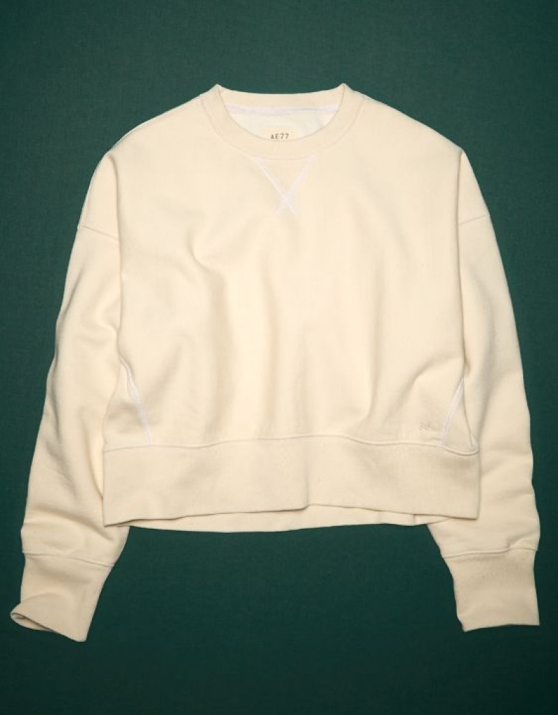 Aerie 77 Premium Cropped Fleece Crewneck Sweatshirts Beige | 8453BQNWU