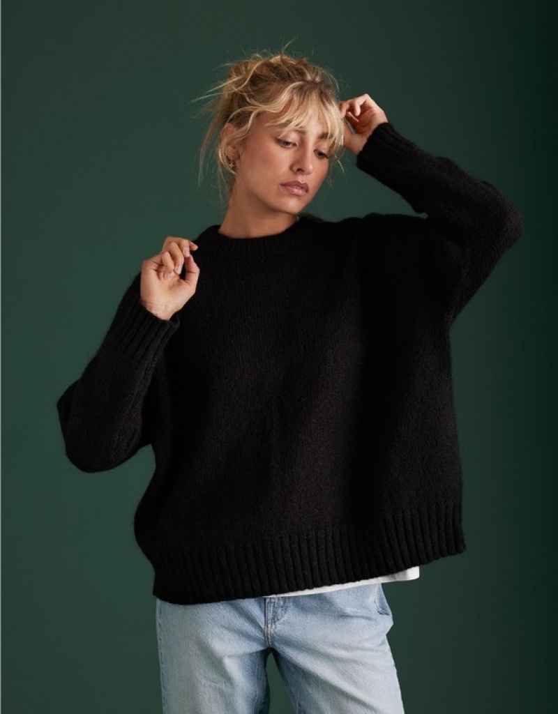 Aerie AE77 Premium Mohair-Blend Boyfriend Sweater Black | 9247WZECN