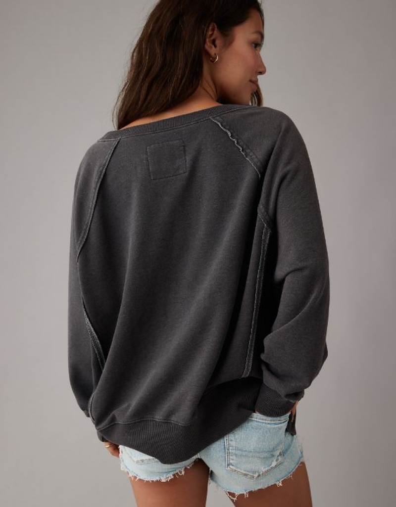 Aerie Big Hug Oversized Notch Neck Sweatshirts Black | 9071COZMP