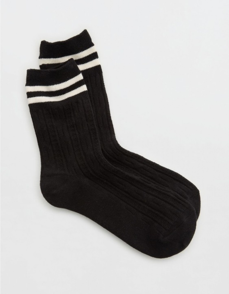 Aerie Cable Stripe Crew Socks Black | 8054QLSOX