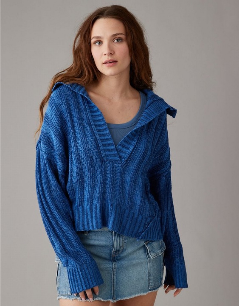 Aerie Collared Pullover Sweater Blue | 4350NCEBF