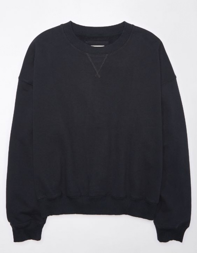 Aerie Crew Neck Fleece Sweatshirts Black | 1498EOCYH