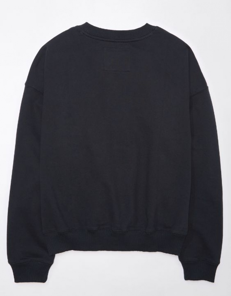 Aerie Crew Neck Fleece Sweatshirts Black | 1498EOCYH