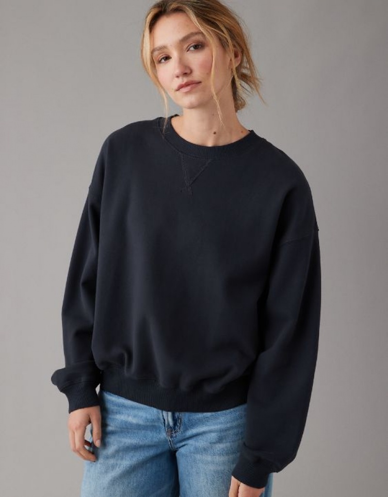 Aerie Crew Neck Fleece Sweatshirts Black | 1498EOCYH