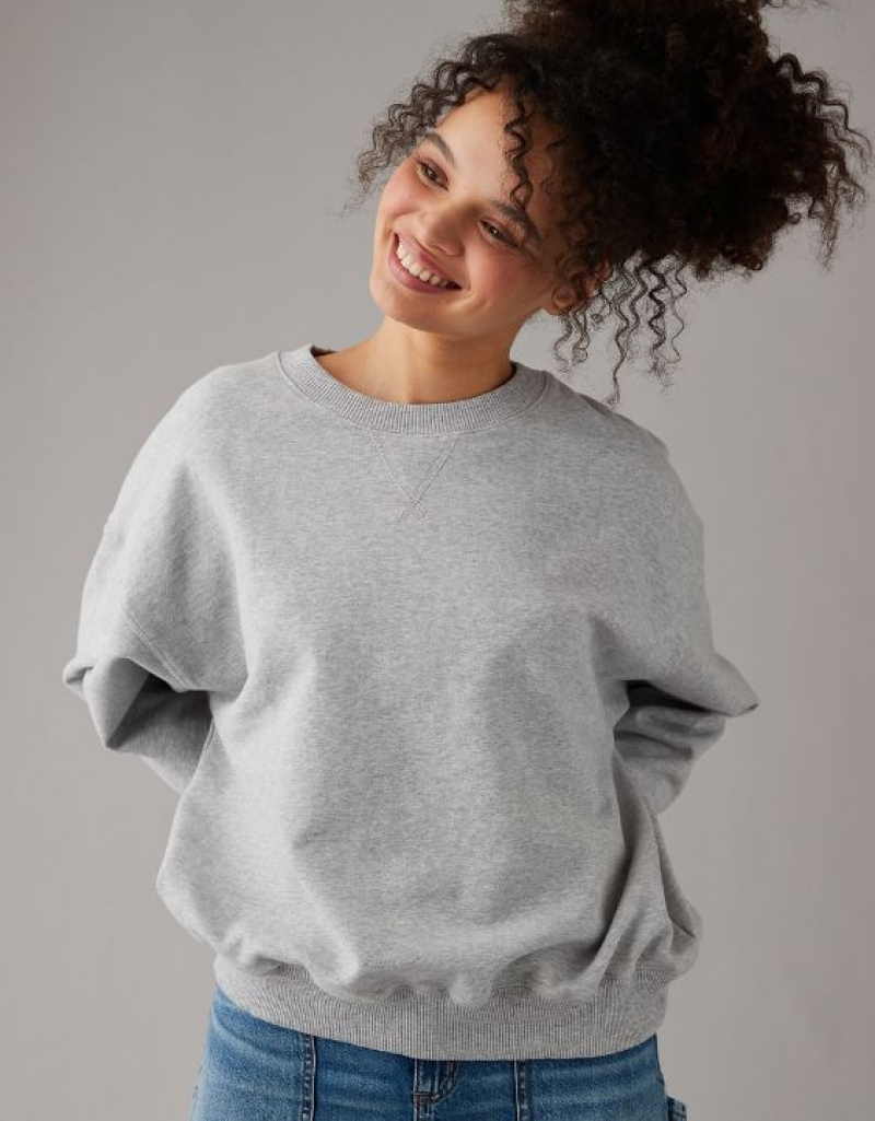 Aerie Crew Neck Fleece Sweatshirts Grey | 0672JLMZF