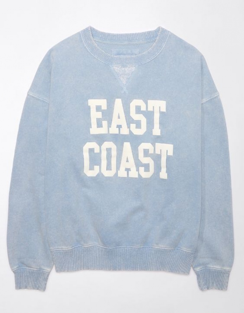 Aerie Crew Neck Graphic Fleece Sweatshirts Light Blue | 1976GDCIY