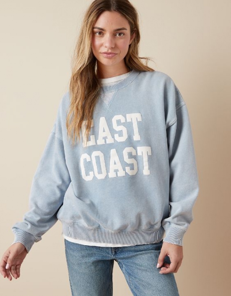 Aerie Crew Neck Graphic Fleece Sweatshirts Light Blue | 1976GDCIY