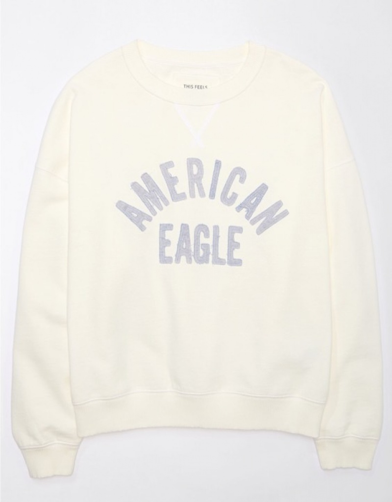 Aerie Crew Neck Graphic Fleece Sweatshirts White | 1035IKAVW