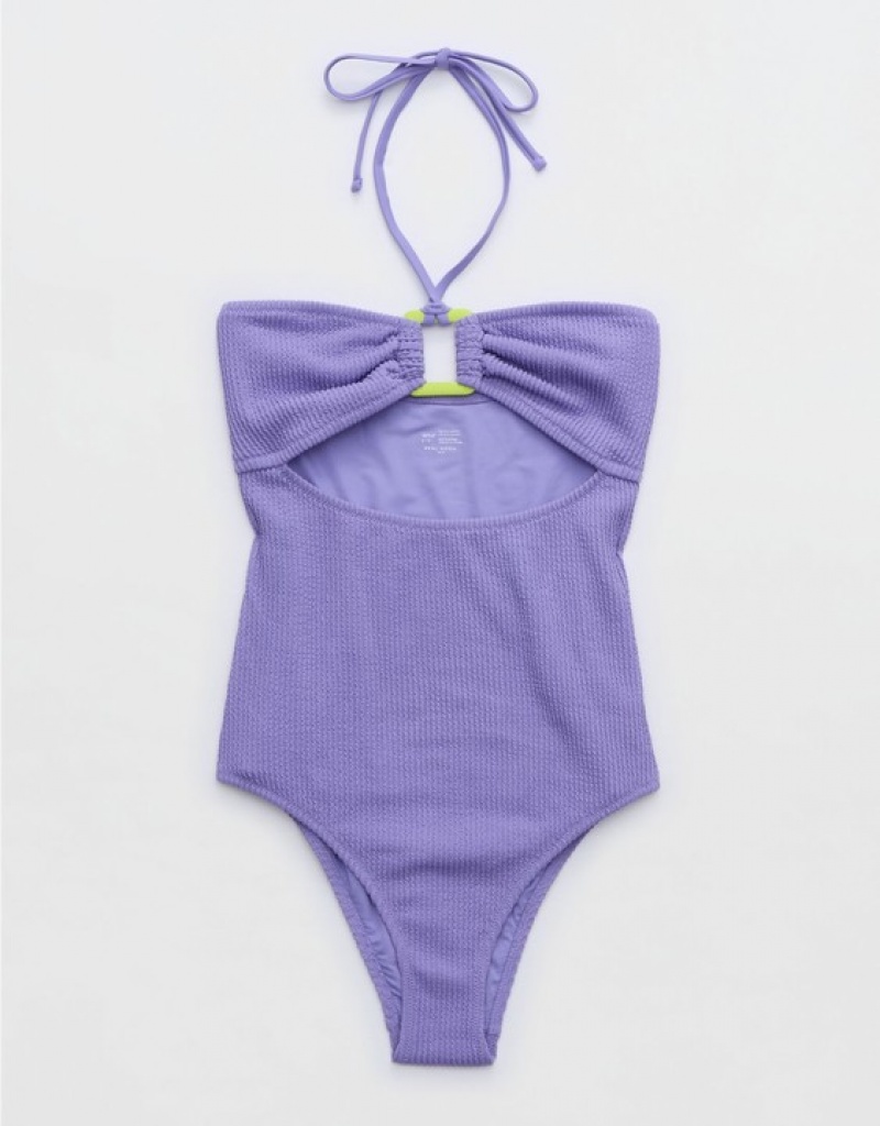 Aerie Crinkle Bandeau One Piece Swimsuits Purple | 6354NSUJT