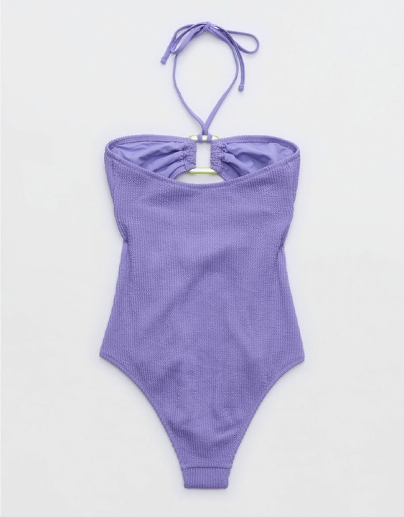 Aerie Crinkle Bandeau One Piece Swimsuits Purple | 6354NSUJT