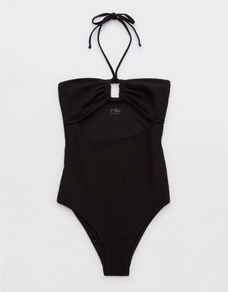 Aerie Crinkle Bandeau One Piece Swimsuits Black | 7240IZMKE