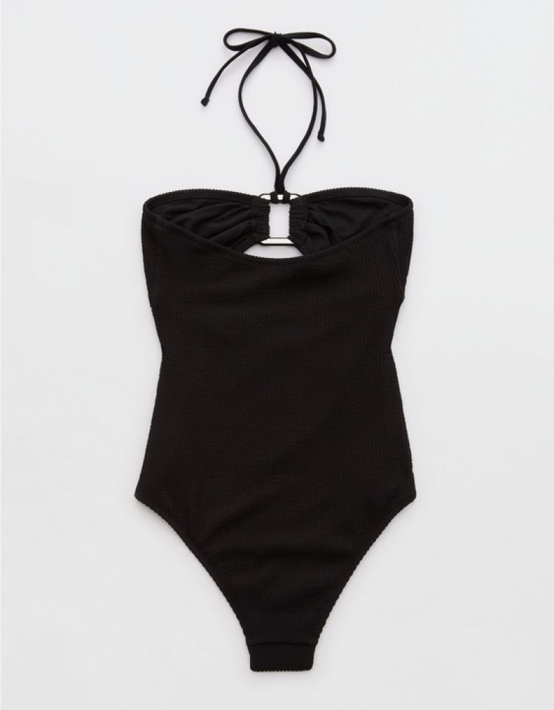 Aerie Crinkle Bandeau One Piece Swimsuits Black | 7240IZMKE