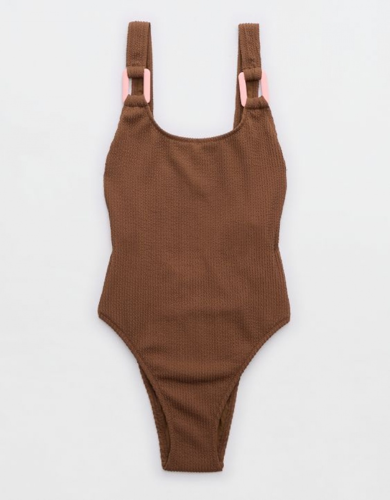 Aerie Crinkle Birthday Scoop One Piece Swimsuits Dark Brown | 1643DQCLE