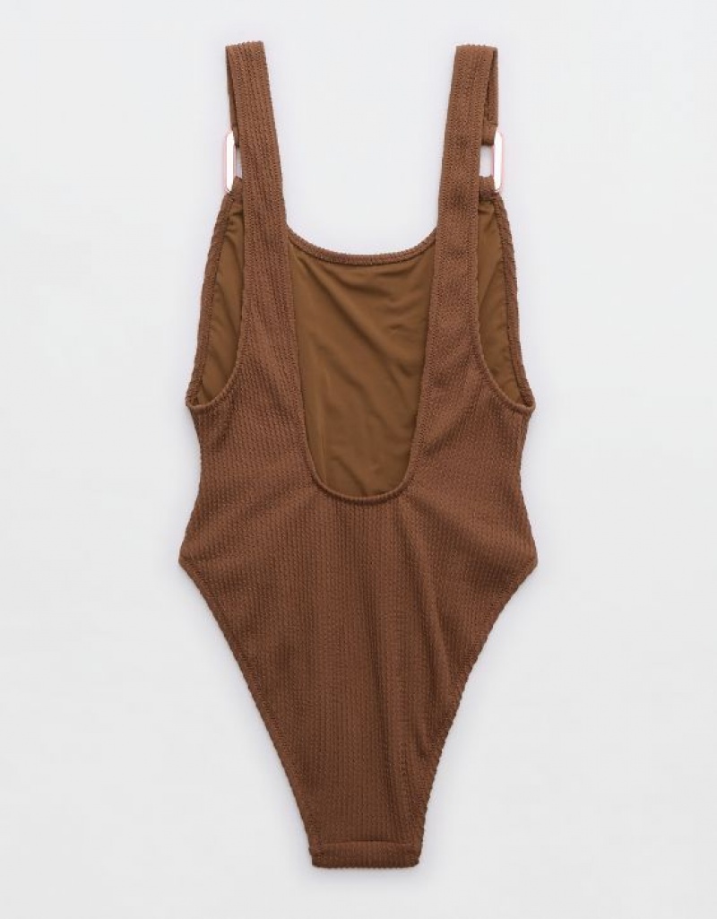 Aerie Crinkle Birthday Scoop One Piece Swimsuits Dark Brown | 1643DQCLE