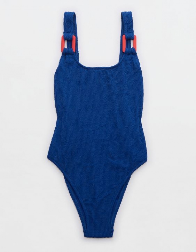 Aerie Crinkle Birthday Scoop One Piece Swimsuits Blue | 9417LBNKI