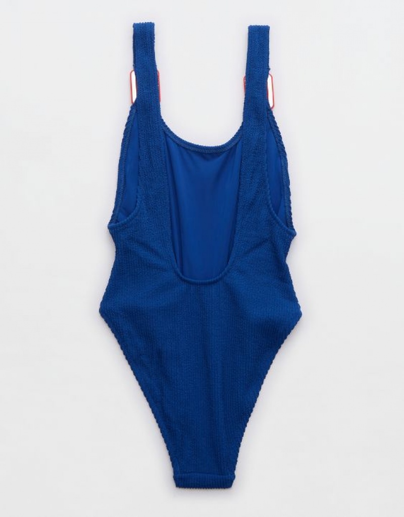 Aerie Crinkle Birthday Scoop One Piece Swimsuits Blue | 9417LBNKI