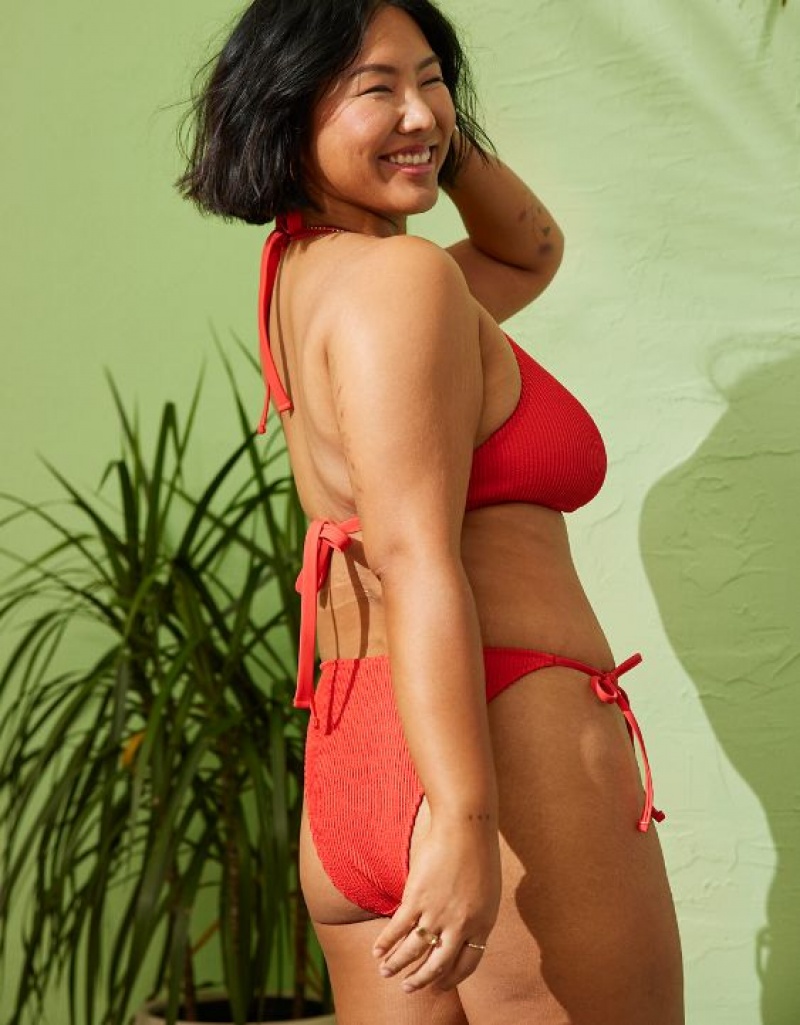 Aerie Crinkle Cheekiest Tie Bikini Bottom Red | 2397JVIZU