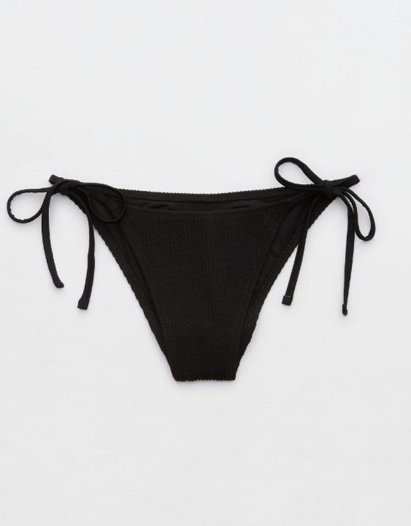 Aerie Crinkle Cheekiest Tie Bikini Bottom Black | 4659OHFLC