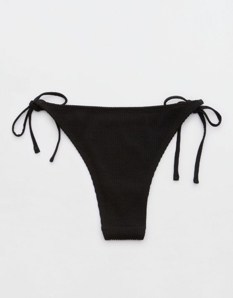 Aerie Crinkle Cheekiest Tie Bikini Bottom Black | 4659OHFLC