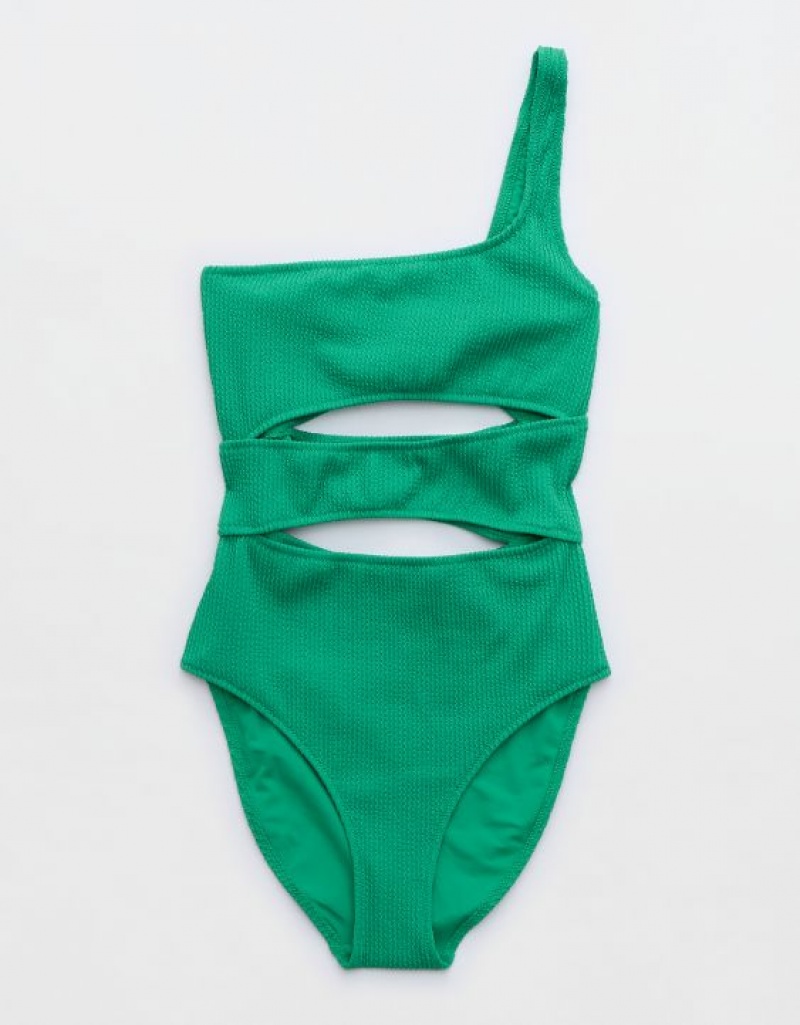 Aerie Crinkle Cut Out One Shoulder One Piece Swimsuits Green | 6159WKAVN