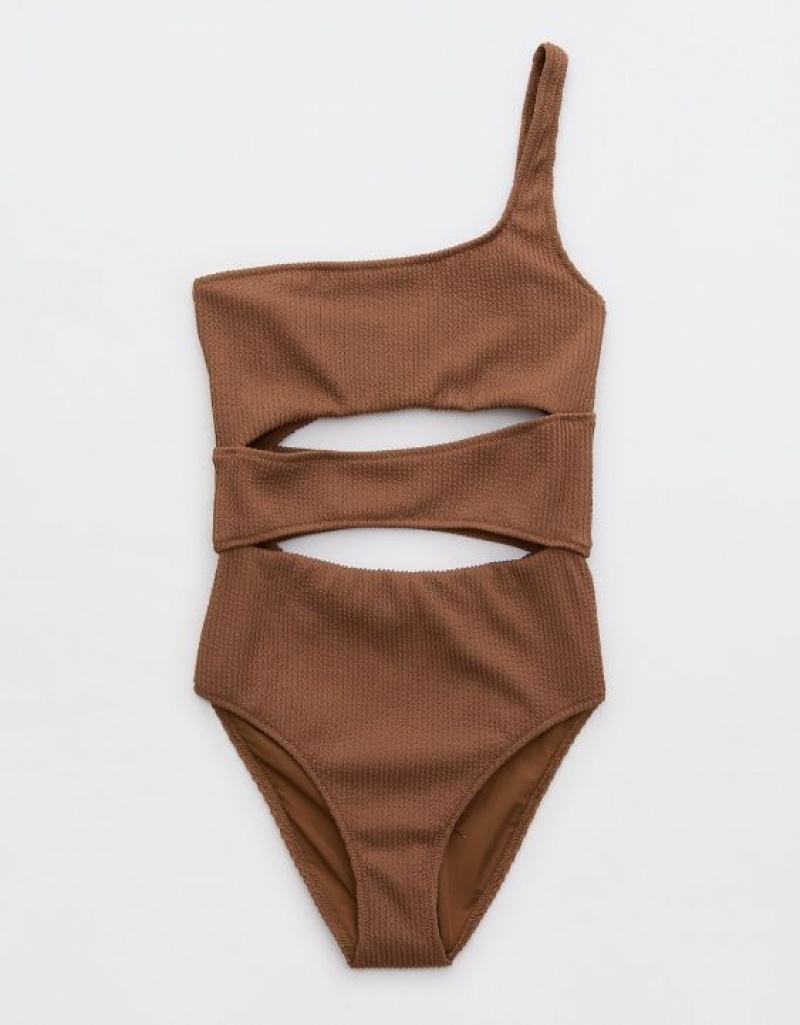 Aerie Crinkle Cut Out One Shoulder One Piece Swimsuits Dark Brown | 3978YJFWT