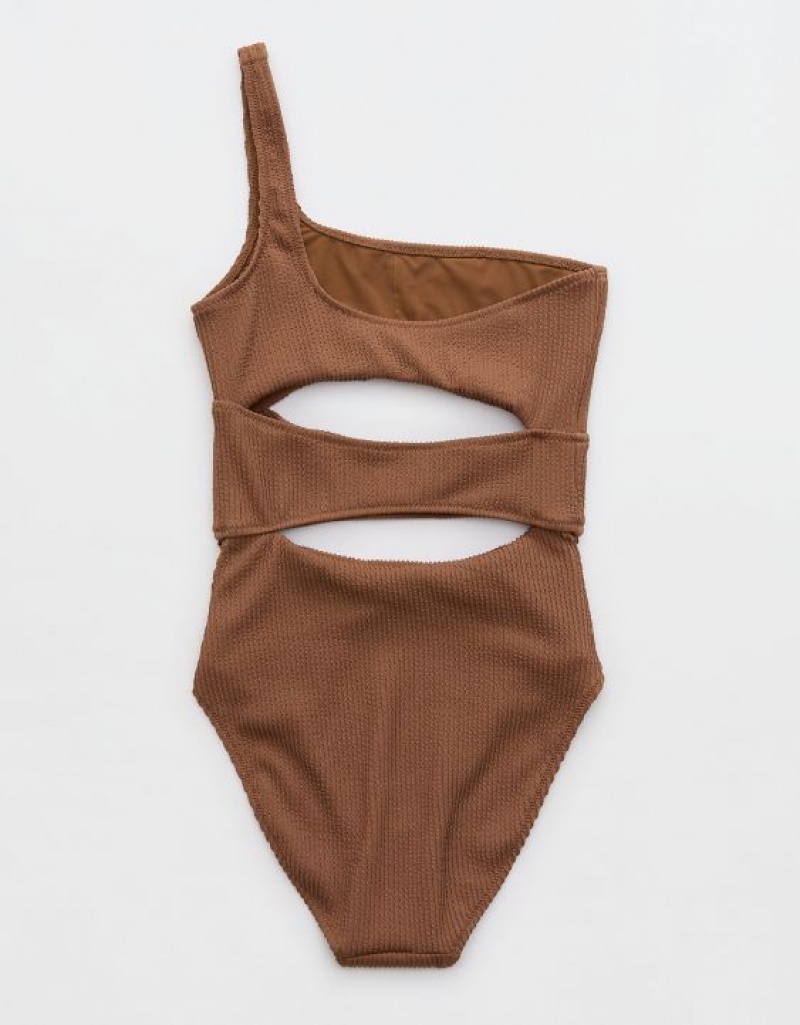 Aerie Crinkle Cut Out One Shoulder One Piece Swimsuits Dark Brown | 3978YJFWT