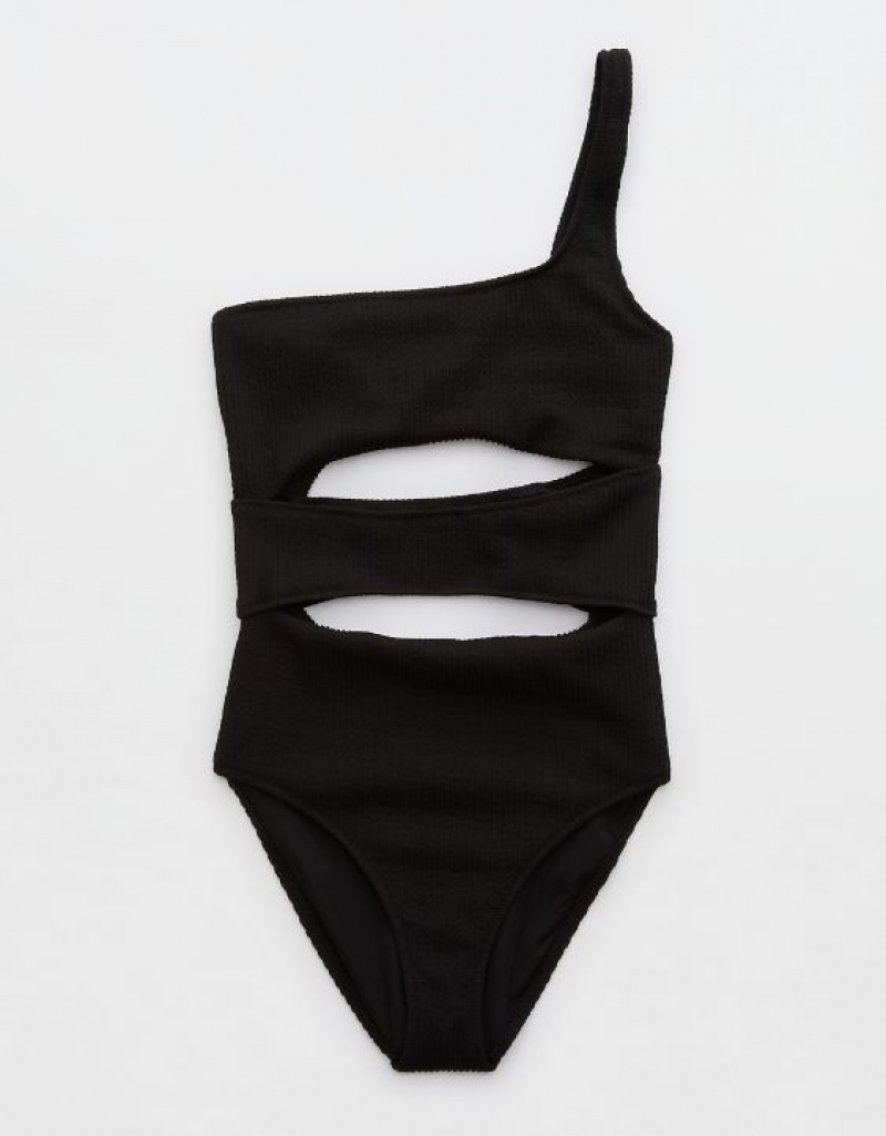 Aerie Crinkle Cut Out One Shoulder One Piece Swimsuits Black | 6124SEJVZ