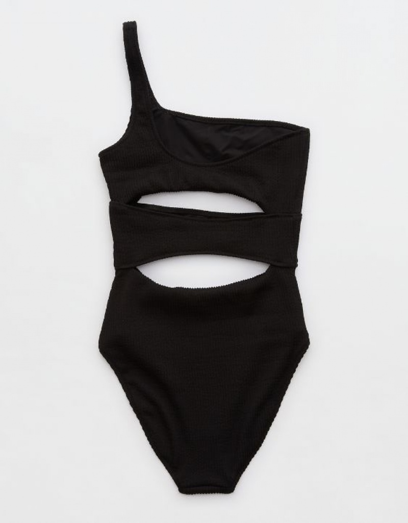 Aerie Crinkle Cut Out One Shoulder One Piece Swimsuits Black | 6124SEJVZ