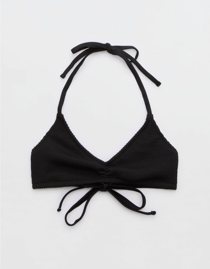 Aerie Crinkle Halter Voop Bikini Top Black | 5617EMKFL