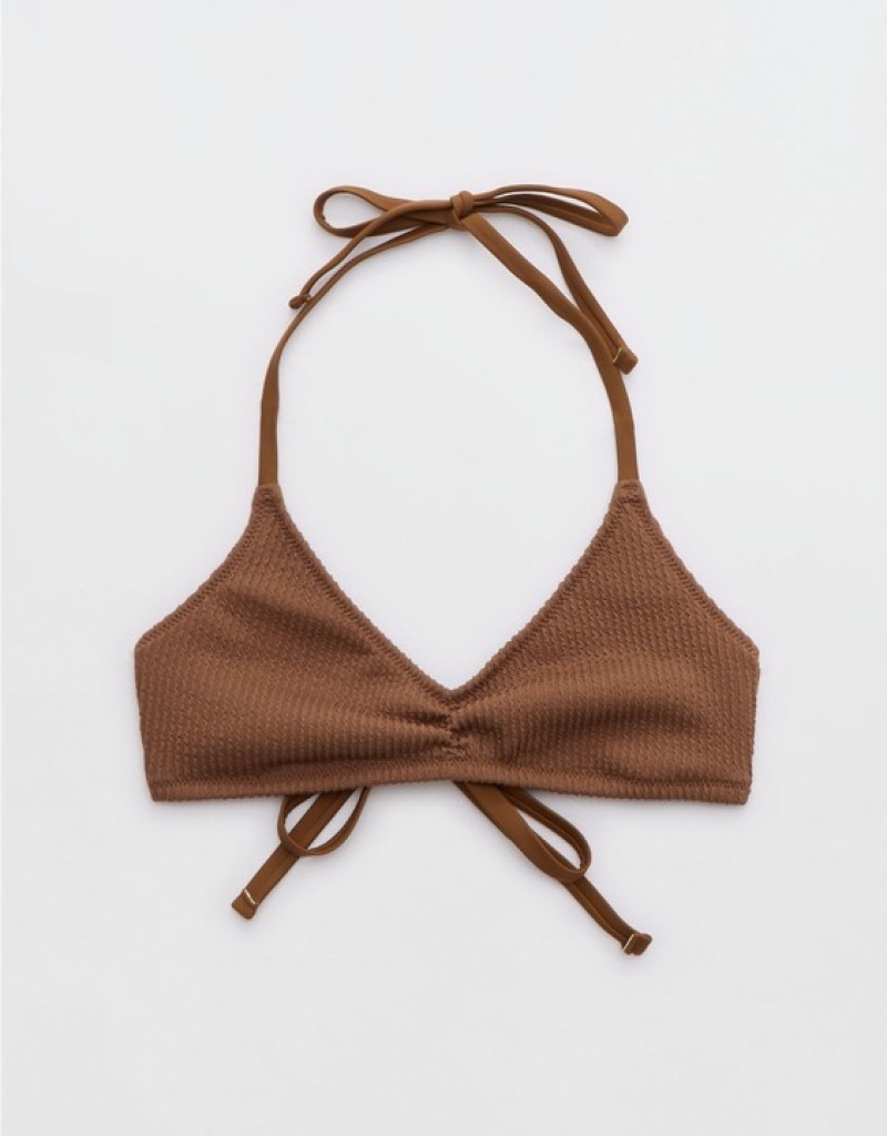 Aerie Crinkle Halter Voop Bikini Top Dark Brown | 1739YQORJ