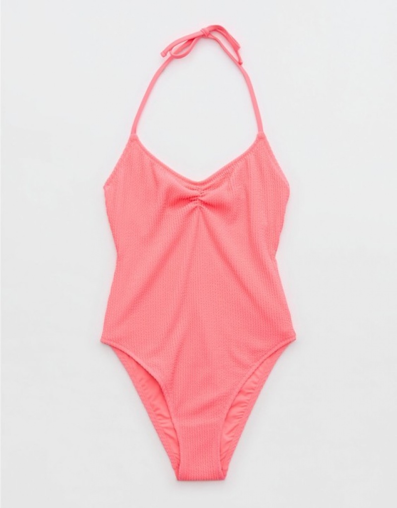 Aerie Crinkle Halter Voop One Piece Swimsuits Coral / Orange | 6940XMQWD