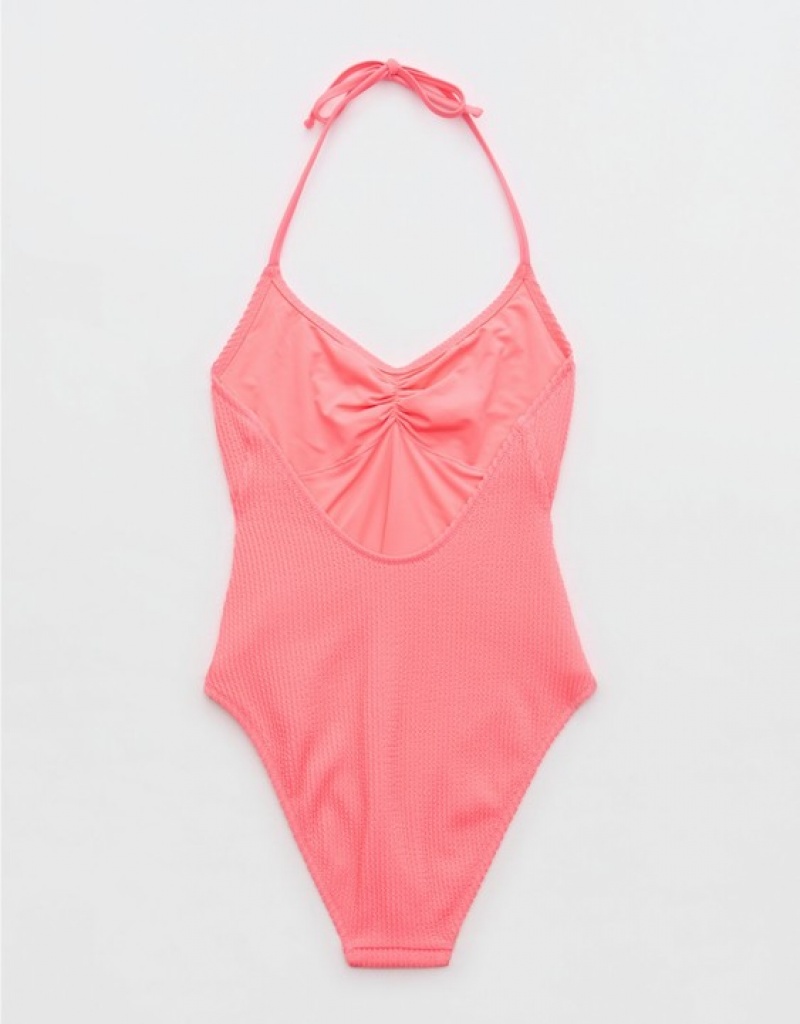 Aerie Crinkle Halter Voop One Piece Swimsuits Coral / Orange | 6940XMQWD