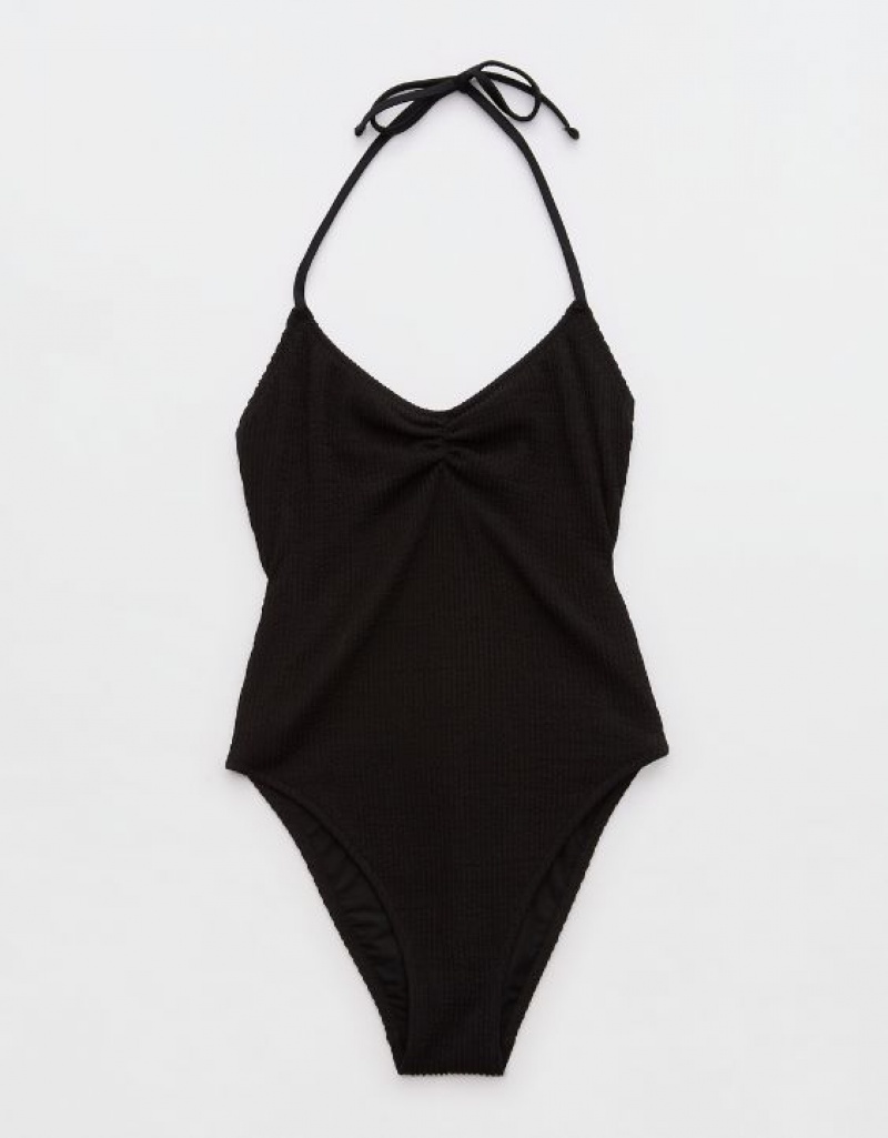 Aerie Crinkle Halter Voop One Piece Swimsuits Black | 6839CTOIV