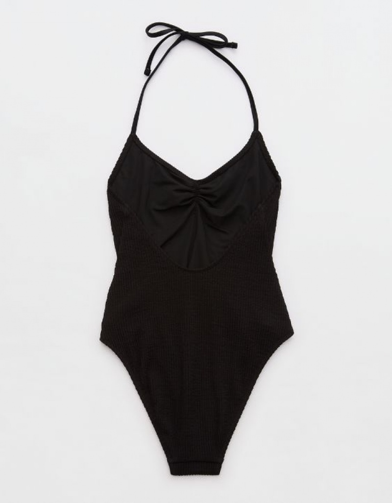 Aerie Crinkle Halter Voop One Piece Swimsuits Black | 6839CTOIV