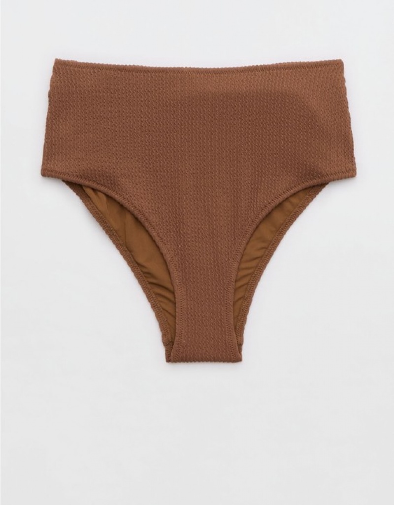 Aerie Crinkle High Waisted Cheeky Bikini Bottom Dark Brown | 7604LWYHD