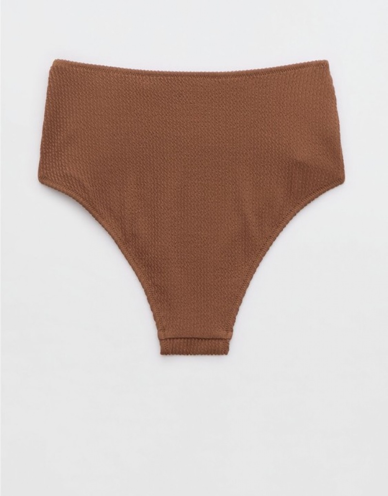 Aerie Crinkle High Waisted Cheeky Bikini Bottom Dark Brown | 7604LWYHD