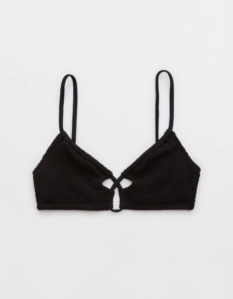 Aerie Crinkle Lace Up Scoop Bikini Top Black | 0864DFYUV