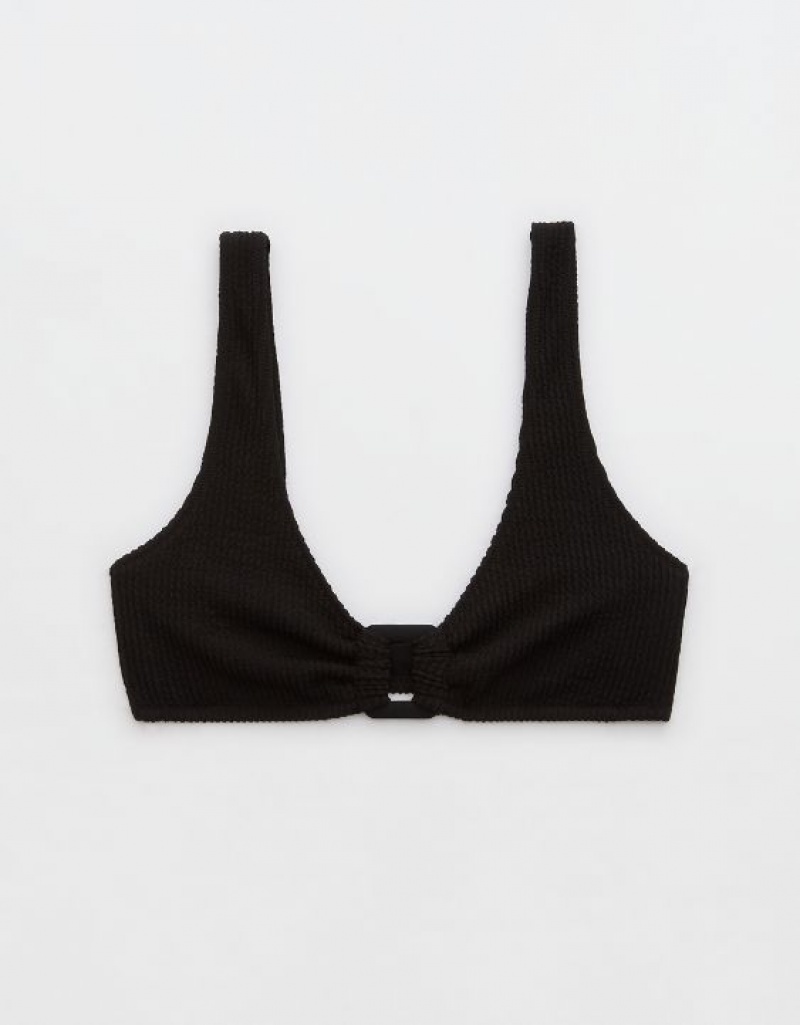 Aerie Crinkle Wide Strap Scoop Bikini Top Black | 4231ZIAQD